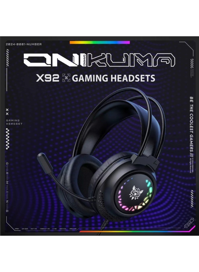 onikuma X92 RGB Wired Gaming Headset with 3D Surround Sound and Noise Cancelling Microphone, 50mm Custom Drivers, Comfortable Over-Ear Design with Adaptive Headband for PC, Laptop and Mobile Devices - Image 2